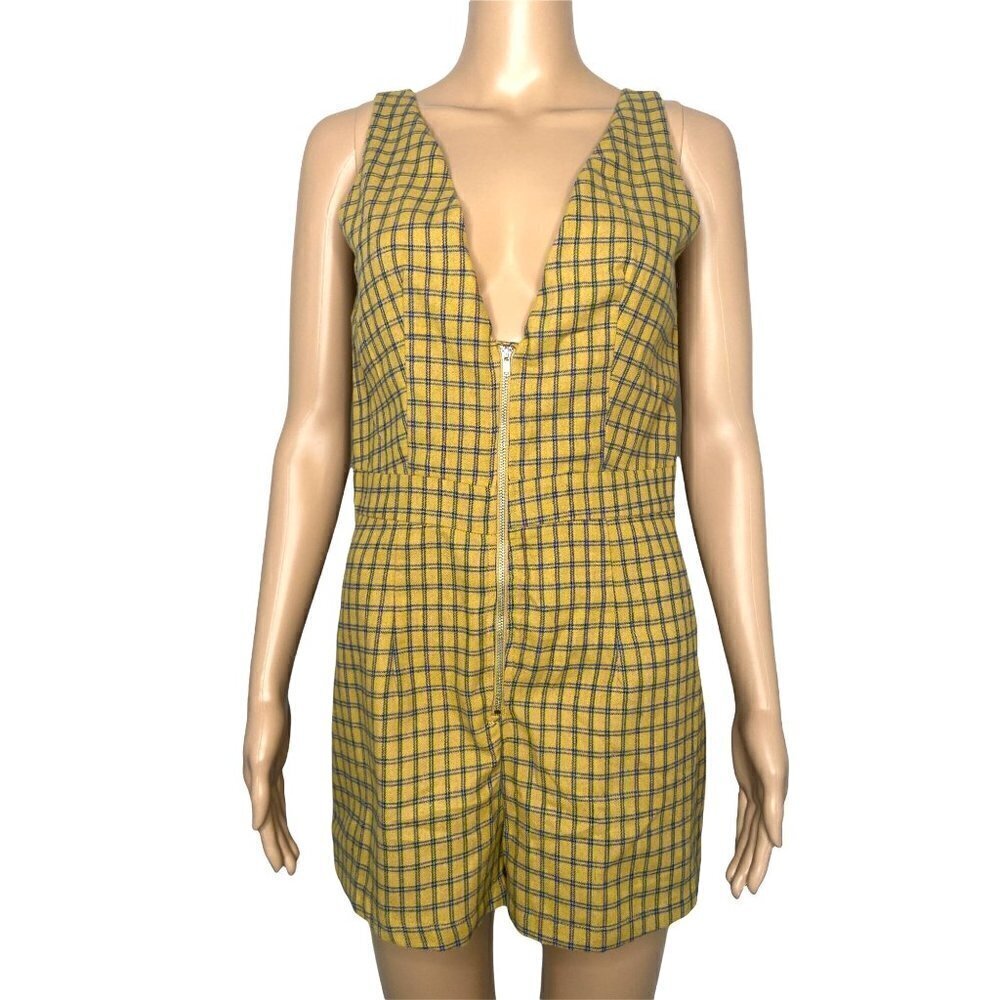 Emory Park V Neck Low Cut Romper Shorts Zipper Yellow Plaid Size S